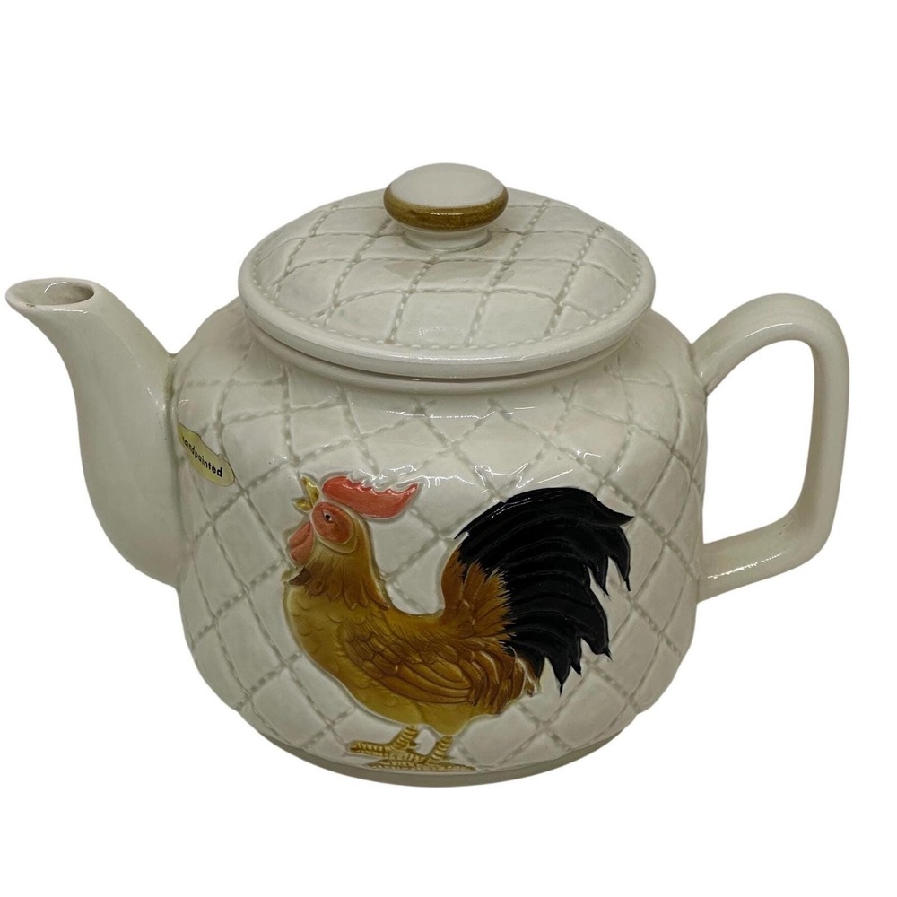 VTG Ceramic Rooster Teapot Cream Quilted Handpainted Farmhouse Kitchen Decor